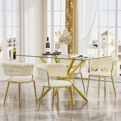 Miniatura 20 de Juego de mesa de comedor de cristal negro de 47 pulgadas para 4, juego de mesa de cocina minimalista moderno y 4 sillas de comedor de terciopelo