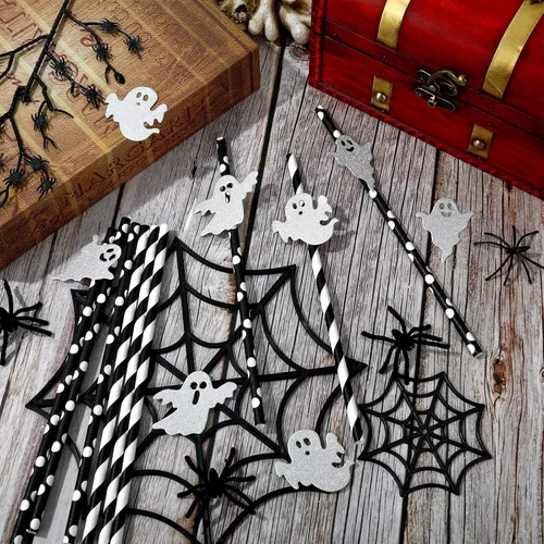 Miniatura 3 de Whaline Pajitas de papel de fantasma de Halloween, pajitas desechables con fantasma, lindas y espeluznantes pajitas decorativas para dulce o truco