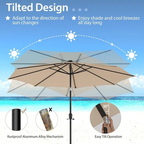 Miniatura 5 de Giantex Sombrilla de patio de 10 pies con 112 luces solares de lluvia de meteoritos, sombrilla de mercado para mesa al aire libre con 8 varillas