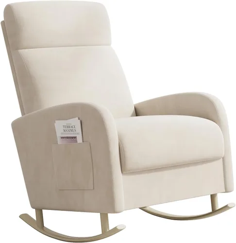 HIPIHOM Mecedora para guardería, silla deslizante tapizada con bolsillo lateral, moderna silla de guardería con respaldo alto y patas de metal de