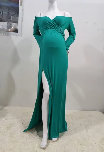 Miniatura 6 de ZIUMUDY Vestido de maternidad con hombros descubiertos para sesión de fotos, manga larga, abertura lateral, maxi vestido de baby shower