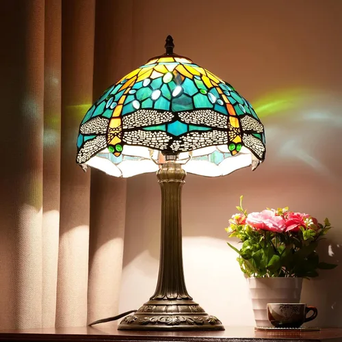 Miniatura 7 de Lámpara Tiffany Estilo Libélula Verde Lámparas de Vidrio Emplomado Verde Azulado Lámpara de Mesa de Dormitorio Mesita de Noche para Dormitorio