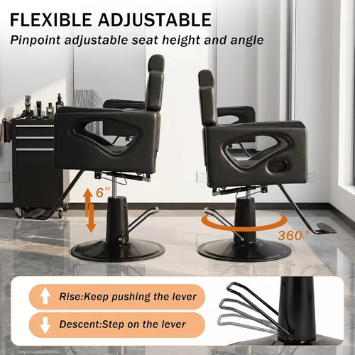 Miniatura 4 de All Black Salon Chair, Professional Hydraulic Barber Hair Styling Chair with 360° Swivel 135° Reclining, Multi-Function Braiding Hairdresser Chairs