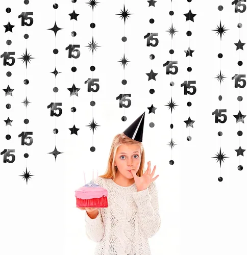 Miniatura 6 de Decoraciones negras de cumpleaños número 15, guirnalda de estrellas centelleantes con el número 15, pancarta metálica para niñas y niños, vítores a