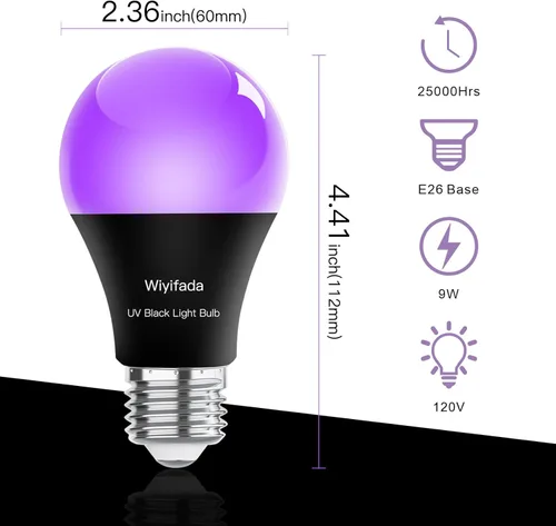 Miniatura 7 de Paquete de 2 bombillas LED negras, A19 de 9 W, luz negra UV que reemplaza hasta 100 W, 120 V, base E26, nivel UVA 385-400 nm, brilla en la oscuridad