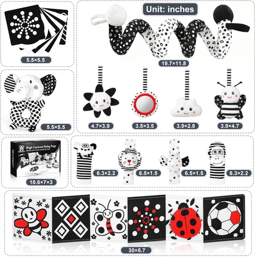 Miniatura 7 de Juguetes para recién nacidos, juguetes para bebés de alto contraste en blanco y negro, de 0 a 6 meses, con tarjetas sensoriales y sonajero, esencial