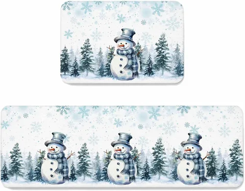 Juego de 2 tapetes de cocina de Navidad con diseño de muñeco de nieve azul, antideslizantes, para entrada, árbol de Navidad, copos de nieve, tapete