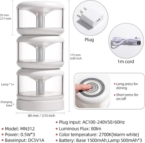Miniatura 7 de oneleaf Luz de Ambiente Portátil LED Luz Nocturna, lámpara de vela, tres luces con base de carga, interruptor táctil recargable sin cable para baño