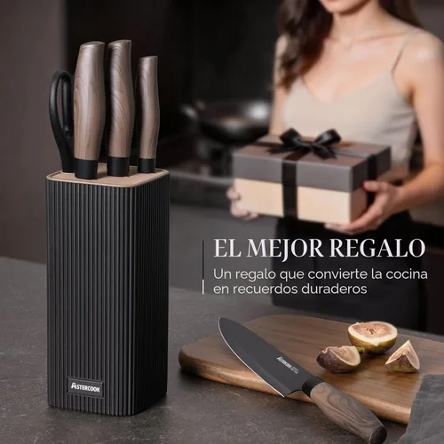 Miniatura 9 de Astercook Juego de cuchillos de cocina de 6 piezas con bloque, cuchillos de cocina ultra afilados de acero inoxidable de alto carbono, mango de Negro