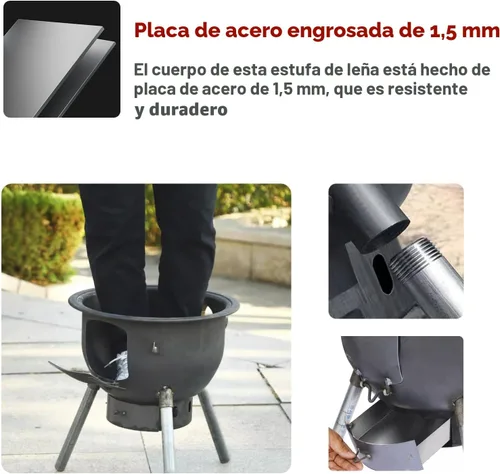 Miniatura 4 de Estufa de leña multifunción con parrilla, parrilla de carbón portátil grande, estufa de cohete de camping para cocinar al aire libre/patio trasero