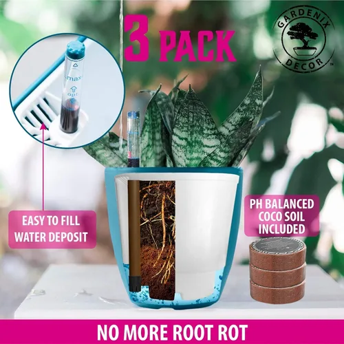 Miniatura 4 de GARDENIX DECOR Macetas de riego automático para plantas de interior, paquete de 3 – Maceta con indicador de nivel de agua para plantas, herramienta