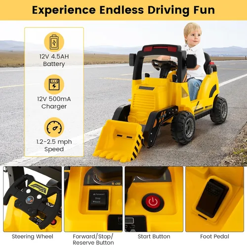 Miniatura 3 de Costzon Excavadora para Montar, Bulldozer Excavadora con Batería de 12V con Cucharón de Excavación Ajustable, Luz LED Trasera, Música, Bocina