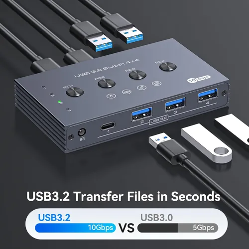 Miniatura 4 de Selector de interruptor USB 3.2 4 computadoras comparten 1 USBC y 3 dispositivos USBA 10Gbps interruptor USB de 4 puertos para compartir teclado
