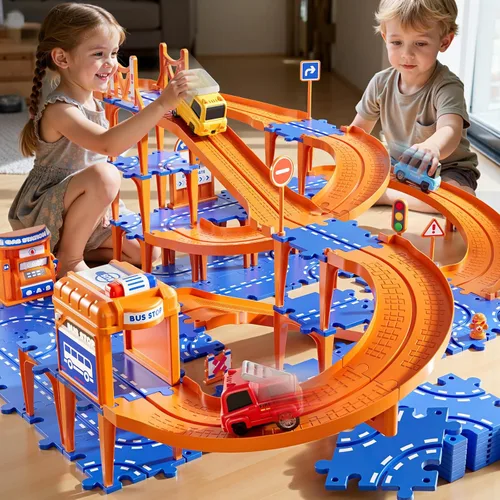 Miniatura 2 de NIPLOOOW Juego de pistas de autos de carreras de rompecabezas para niños de 3 a 5 años, juego de autos de pista de rompecabezas de piso, juguetes