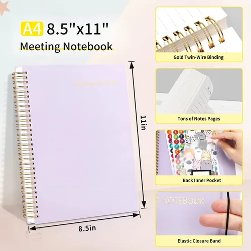 Miniatura 4 de SUNEE Cuaderno de reuniones para trabajar con elementos de acción, 160 páginas, planificador de proyectos de tamaño A4, agenda de reuniones