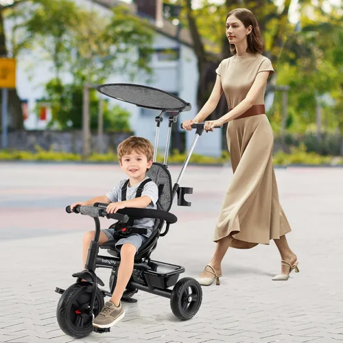 Miniatura 9 de BABY JOY Triciclo para niños pequeños, 7 en 1 con toldo ajustable, asa de empuje para padres, asiento y reposapiés, arnés de seguridad de 5 puntos