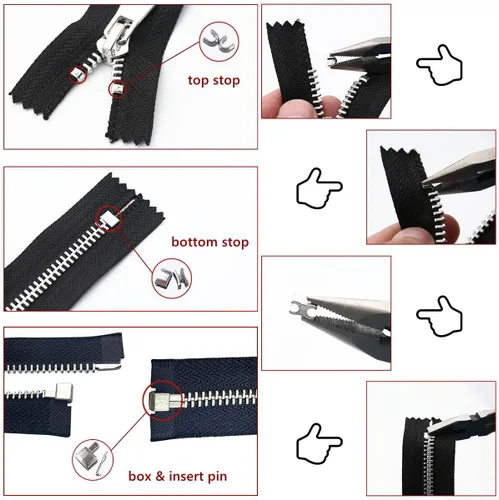Miniatura 4 de Juego de accesorios de reparación de cremallera metálica de 48 piezas, kit de costura para bricolaje con deslizador, retenedor, inserto de caja