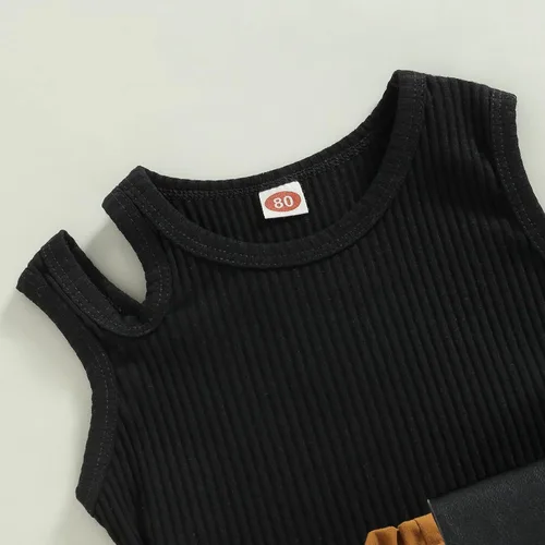 Miniatura 16 de Adobabirl Conjunto de ropa de verano para niña pequeña, sin mangas, acanalada, top halter y pantalones cortos, ropa de moda para niños con cinturón