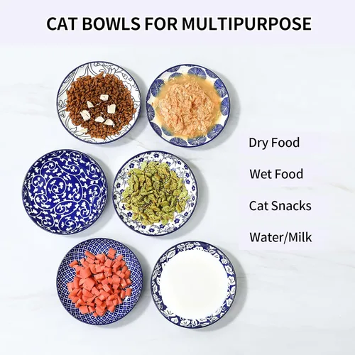 Miniatura 5 de Selamica Cuencos de cerámica para gatos, 6 pulgadas de ancho, cuencos poco profundos para aliviar la fatiga de los bigotes, juego de 6, color azul