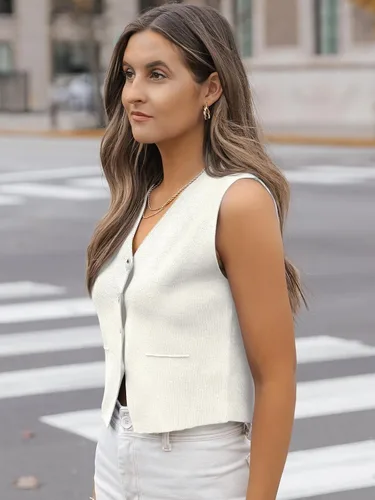 Miniatura 4 de LILLUSORY Camisetas casuales de negocios para mujer, estilo 2024, suéter sin mangas, cuello en V, con botones, recortada