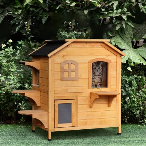 2-Story Cat House with Multiple Entrances - Outdoor & Indoor Wooden Cat Condo with Asphalt Roof, Waterproof Paint, Jump Ledges & Easy-Clean Opening
