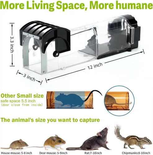 Miniatura 4 de Trampas humanas para ratones de 12 pulgadas de liberación sin contacto, fácil de usar, limpias, aptas para niños y mascotas (1 pieza negra)