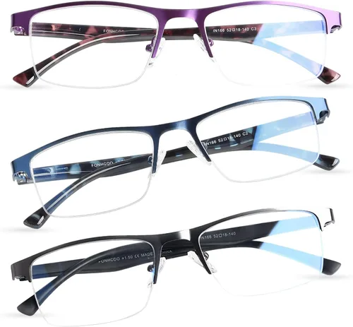 Miniatura 8 de FONHCOO - Gafas de lectura para mujeres y hombres, gafas de lectura con bloqueo de luz azul, metal, medio marco, lectores de computadora, anti