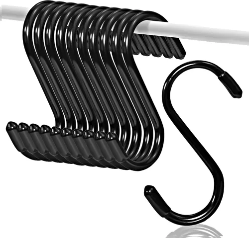 Paquete de 10 Ganchos en S de 3 Pulgadas, Ganchos Colgantes Resistente con Revestimiento de Vinilo Antideslizante para Cocina, Armario, Baño, Negro