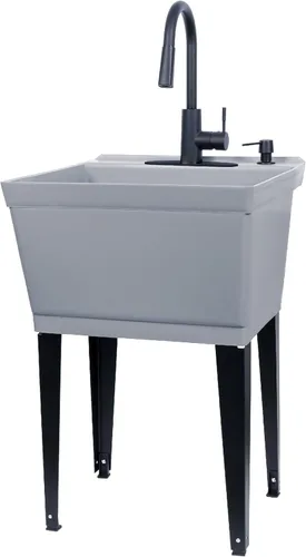 Miniatura 10 de Fregadero utilitario negro con grifo negro de arco alto de VETTA de JS Jackson Supplies, boquilla de rociador extraíble, fregadero de inclinación