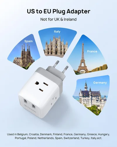 Miniatura 3 de TROND Adaptador de enchufe de viaje europeo - Convertidor de adaptador de corriente internacional para Europa con 3 tomacorrientes 2 USB, adaptador