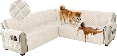 Miniatura 10 de Fundas impermeables para sofá seccional de esquina en forma de L, de terciopelo, juego de 6 piezas, funda en forma de U para sofá, para perros