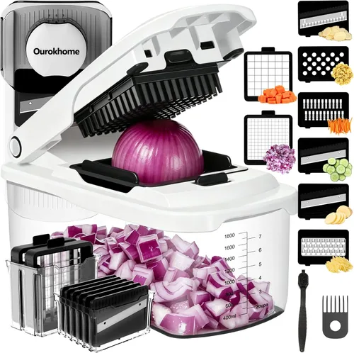 Miniatura 14 de Picadora de verduras Ourokhome con recipiente, picadora manual de verduras con 2 cuchillas de corte para tiras de papa, cubos de cebolla, palitos