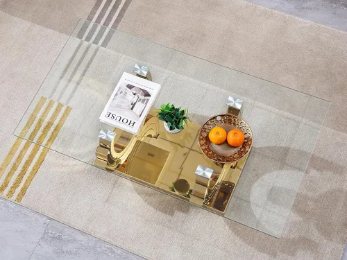 Miniatura 148 de Mesa de centro de cristal de lujo, mesa de centro de sofá de 47 pulgadas con marco de acero inoxidable dorado y parte superior de vidrio negro, mesa