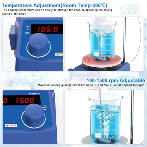 Miniatura 3 de FOUR E'S SCIENTIFIC Placa caliente con agitador magnético de 5 pulgadas, temperatura máxima 280℃/536°F Capacidad máxima de agitación 5L