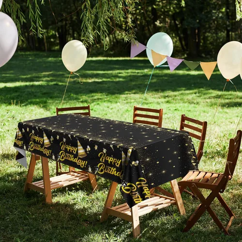Miniatura 6 de durony Paquete de 2 manteles de cumpleaños, de plástico, color negro y dorado, impermeable, rectangular, para fiestas en interiores o exteriores
