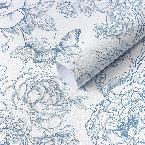 Miniatura 13 de Safiyya Papel tapiz floral para despegar y pegar, papel de contacto azul y blanco, papel tapiz bohemio para dormitorio, papel de pared de peonía