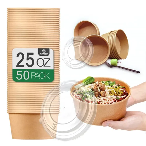 TOPtoper Paquete de 50 cuencos de papel grandes de 25 onzas con tapas, cuencos desechables para servir sopas, suministros de fiesta a granel para