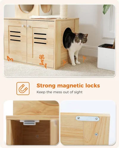Miniatura 4 de MUTTROS Árbol para gatos con caja de arena, árbol moderno de 50 pulgadas para gatos grandes y gordos con condominio para gatos, muebles de madera