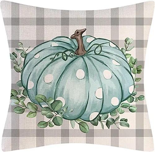 Miniatura 5 de Happy Fall - Funda de almohada decorativa de otoño para interiores y exteriores, funda de cojín de lino con calabaza azul acuarela para sofá, sala