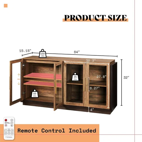 Miniatura 2 de AMERLIFE Aparador Buffet Gabinete, Gabinete de Acento de Color Mixto con Luces LED, Gabinetes de Almacenamiento Modernos con Puertas de Vidrio