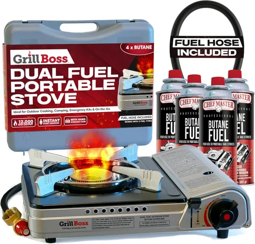 Grill Boss - Estufa de campamento de combustible dual con 4 recipientes de butano de 8 onzas, estufa portátil de butano y propano de 12,000 BTU para