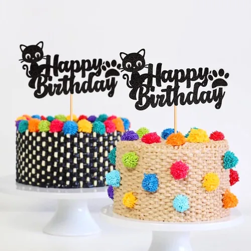Miniatura 5 de 1 pieza de decoración de pastel de cumpleaños de gatito negro con purpurina para pastel de cumpleaños para amantes de los gatos, baby shower, niños