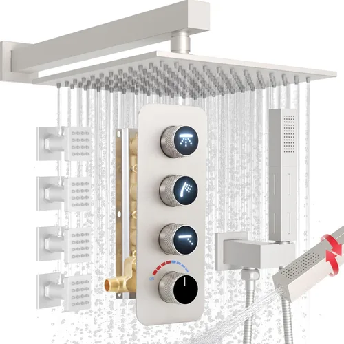 Miniatura 29 de Enga Sistema de cabezal de ducha doble, cabezal de ducha LED de lluvia de 14 x 20 pulgadas con cabezal de pared de 6 pulgadas, juego de grifo de Oro