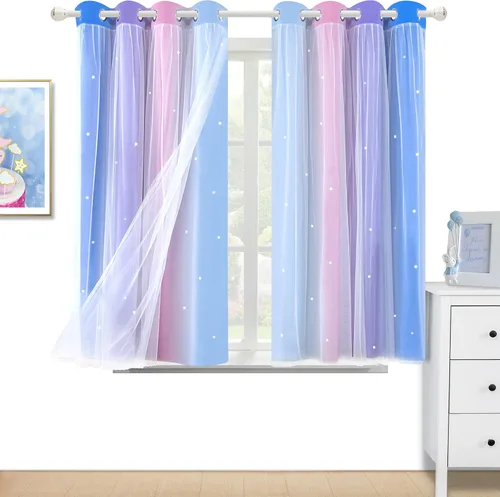 Miniatura 19 de Cortinas Opacas con Corte de Estrella Arcoíris para Dormitorio de Niñas - Doble Capa con Ojales Superiores para Sala de Estar, 2 Paneles