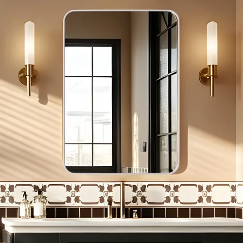 Miniatura 12 de Manocorro - Espejo de baño de esquina redonda, 20 x 28 pulgadas, color plateado Lightweight,wall mounted,HD tempered glass,sturdy aluminum