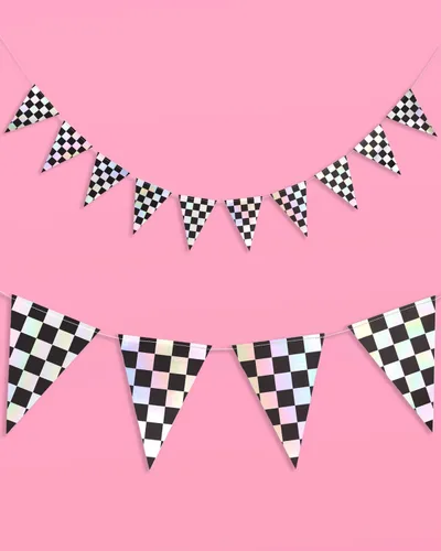 Miniatura 5 de xo, Fetti Bandera de decoración de fiesta a cuadros negros e iridiscentes, juego de 4, 32 pies Guirnalda de discoteca para despedida de soltera