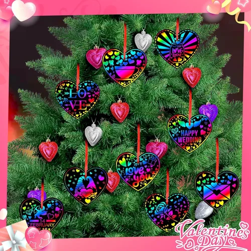 Miniatura 7 de JULMELON Manualidades de San Valentín para niños, 48 piezas de tarjetas de San Valentín para niños, arte de rascar en forma de corazón, arco iris