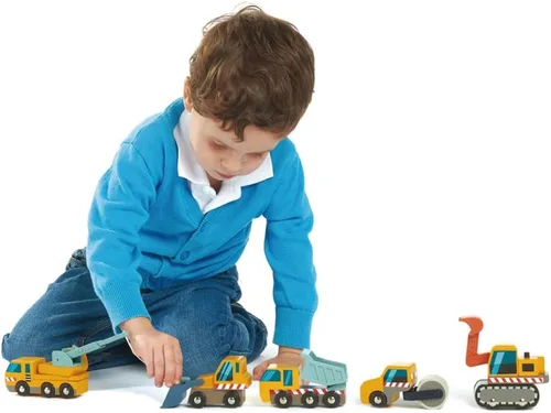 Miniatura 5 de Tender Leaf Toys - Sitio de construcción - Cuatro vehículos pesados con camión grúa, rodillo de carretera, camión volquete y cargador frontal