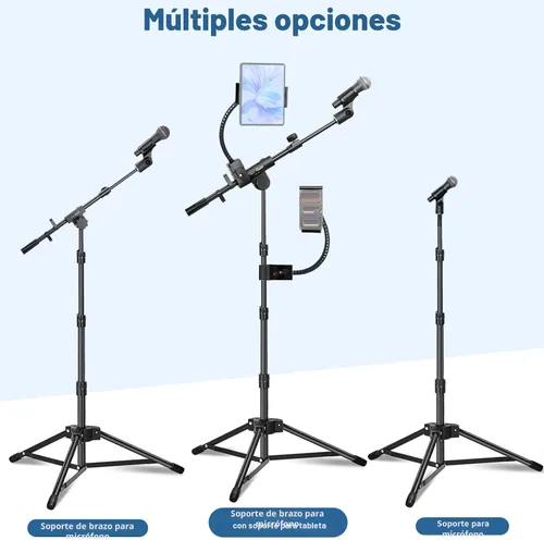 Miniatura 4 de GUITTO Soporte de piso para micrófono con soporte para teléfono/tableta, soporte de micrófono ajustable con base resistente, soporte de doble