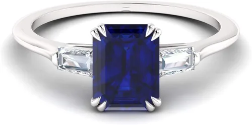 Miniatura 2 de Diamondere Anillo de compromiso de baguette de piedras preciosas naturales y certificado, en oro blanco de 14 quilates, anillo de tres piedras